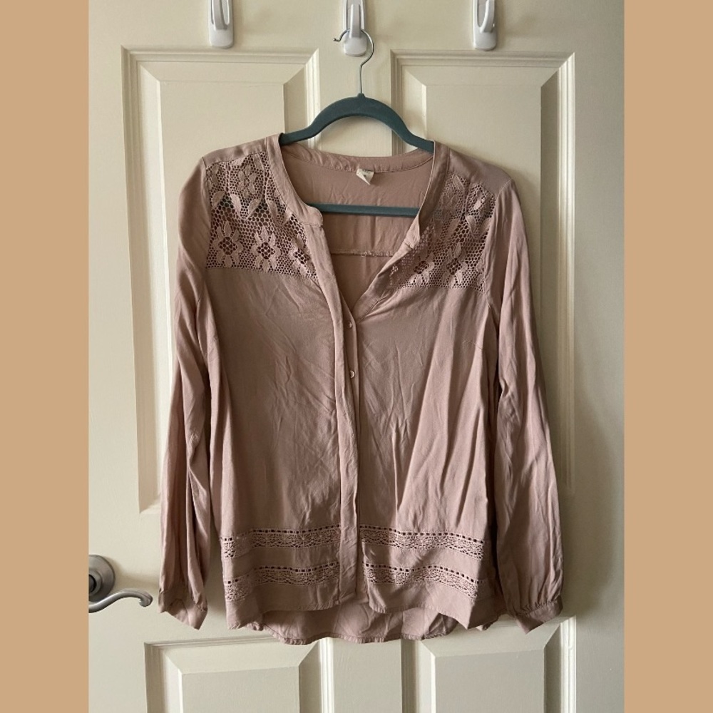 Pink Long Sleeve Blouse w/ Lace Detail